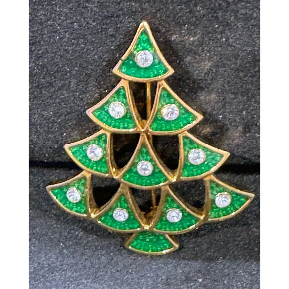 Vintage Green Enamel & Rhinestone Christmas Tree Brooch – Holiday Pin CP55 - Picture 2 of 3